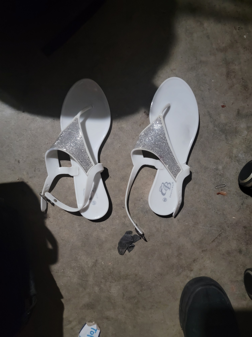 White Rhinestone T-Strap Sandals for Women